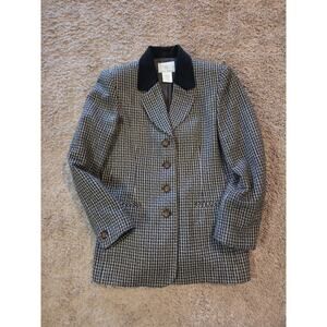 Vtg 4 button tweed Leslie Steven plaid velvet collar blazer coat brown 6